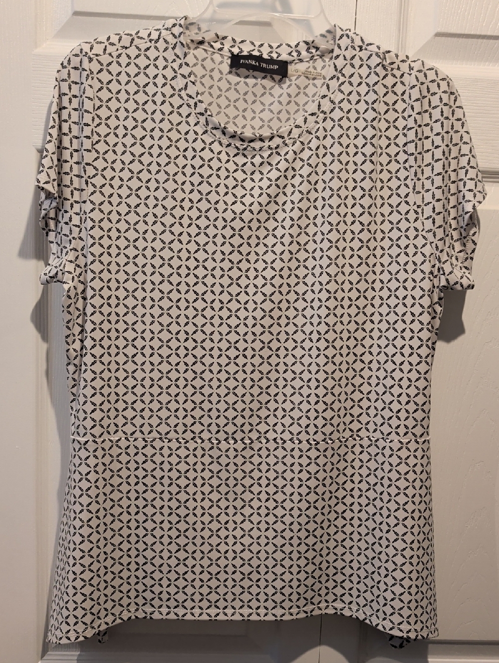 Ivanka Trump White Top with Navy Geometric Print - Short Sleeve
